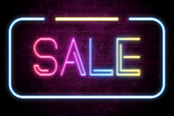 sale text on the brick wall in realistic color neon glow