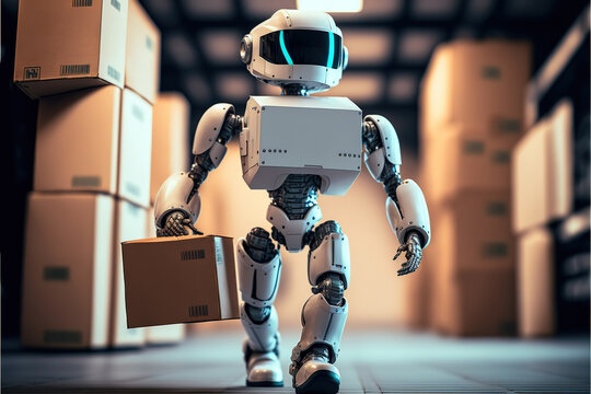 Automated robot delivers an order box in smart automated warehouse - Generative AI