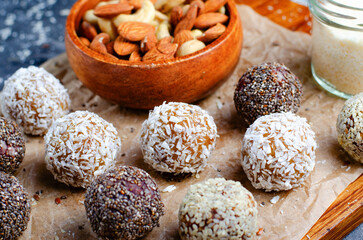 Assorted Vegan Sweets, Delicious Candy Balls with seeds, dried fruit, nuts, and cocoa powder, Healthy Candies