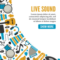 musical instruments located in a corner-shaped template.guitar,synthesizer,pick,musical record,microphone,drums,saxophone,bell,xylophone,sheet music.vector cartoon simple flat graphics.