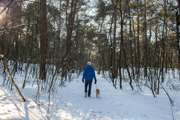Walking the dog in winter landscape