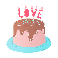 Hand drawn chocolate cake with red candles in shape word love in flat style.