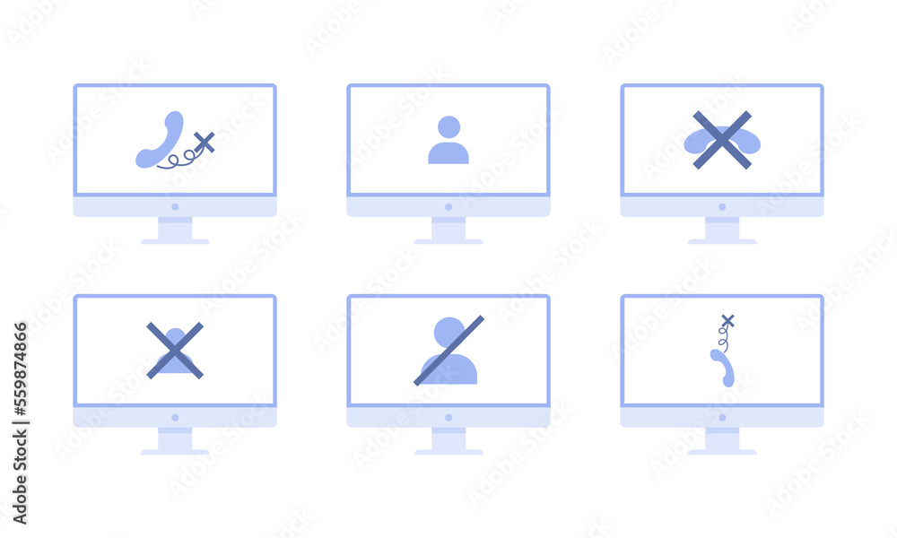 Poster no signal or lost connection. set of illustrations with different icons on a desktop