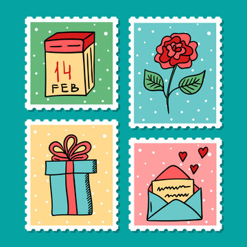 Vector doodle stamps for Valentine's Day. Isolated hand drawn post stamps with hearts, gift box, calendar and rose flower