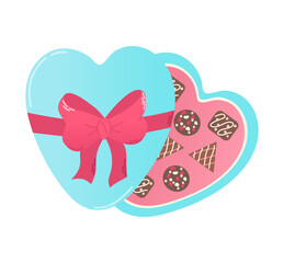Hand drawn box of chocolates with red bow in shape heart in flat style.