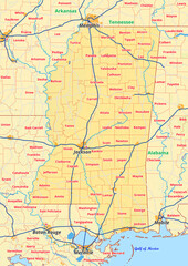 Mississippi Karte mit Städte Gemeinde Landkreise Flüße Straßen