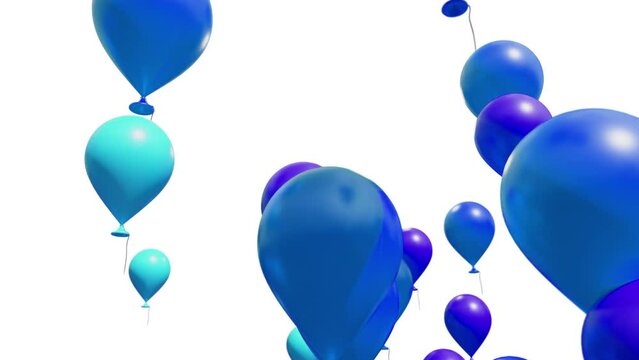 Bunch of blue Balloons rising up on White background. Birthday, Valentines, Anniversary, holidays and celebrations.