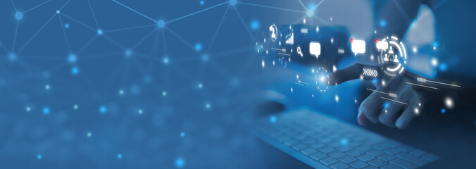 woman hand using laptop to working about futuristic of social media marketing icon for internet network technology and business