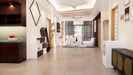 Modern Living Room Design with Dining & TV wall