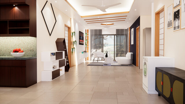 Modern Living Room Design with Dining & TV wall