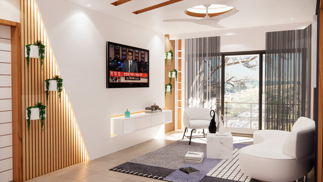 Modern Living Room Design with Dining & TV wall