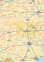 Oklahoma Karte mit Städte Gemeinde Landkreise Flüße Straßen