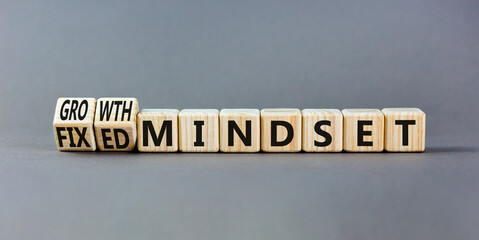 Growth or fixed mindset symbol. Concept words Growth mindset and Fixed mindset on wooden cubes. Beautiful grey table grey background. Business growth or fixed mindset concept. Copy space.