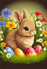 Cute little rabbit with Easter eggs in flowers meadow. Generative Ai illustration in vector style.