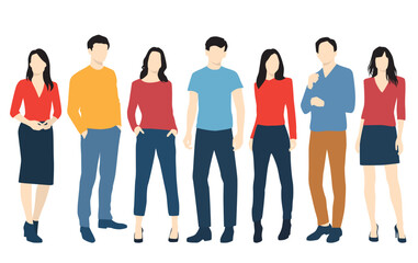 Obraz premium Set of young men and women, different colors, cartoon character, group of silhouettes of standing business people, students, the design concept of flat icon, isolated on white background