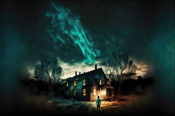 Fototapeta na wymiar The boy goes at night to an unfamiliar scary house