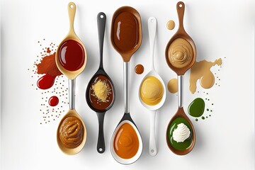  a group of spoons with different types of sauces on them and a spoon with different colors of sauces on them, all of different sizes and shapes and sizes, all in a row.