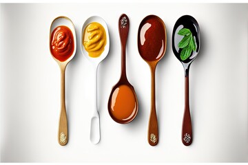  a group of spoons with different sauces on them and a spoon with a leaf on it, and a spoon with a spoon with a sauce on it, and a spoon with a spoon with a.