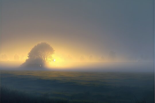  a foggy field with a lone tree in the distance and the sun shining through the fog in the distance, with a single tree in the foreground of the picture, with a.