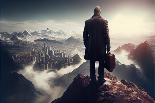 businessman on top of the world, sharp business, stock market, standing on mountain, finance, guy,generative ai