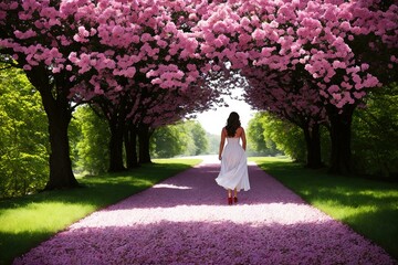 A young brunette girl wearing long dress stay in a beautiful park, and looking downhill over field of flowers. Back view. Green valley high on the mountains
