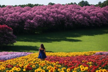 A young brunette girl wearing long dress stay in a beautiful park, and looking downhill over field of flowers. Back view. Green valley high on the mountains