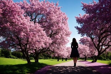 A young brunette girl wearing long dress stay in a beautiful park, and looking downhill over field of flowers. Back view. Green valley high on the mountains