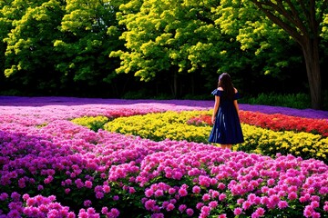 A young brunette girl wearing long dress stay in a beautiful park, and looking downhill over field of flowers. Back view. Green valley high on the mountains