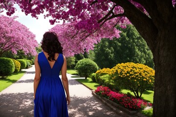 A young brunette girl wearing long dress stay in a beautiful park, and looking downhill over field of flowers. Back view. Green valley high on the mountains