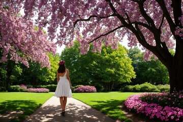 A young brunette girl wearing long dress stay in a beautiful park, and looking downhill over field of flowers. Back view. Green valley high on the mountains