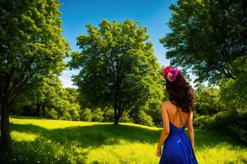 A young brunette girl wearing long dress stay in a beautiful park, and looking downhill over field of flowers. Back view. Green valley high on the mountains