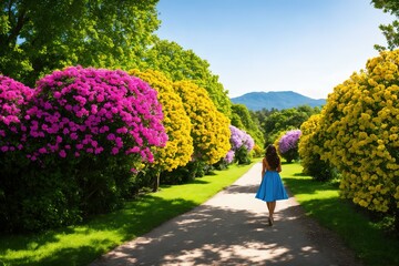 A young brunette girl wearing long dress stay in a beautiful park, and looking downhill over field of flowers. Back view. Green valley high on the mountains