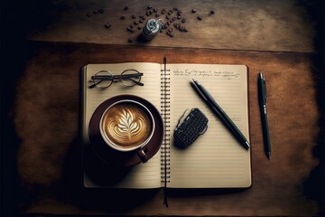 a cup of coffee and a cell phone on a desk with a notebook and pen and eyeglasses on it, with a notepad and a pen and a cup of coffee on the.