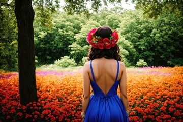 A young brunette girl wearing long dress stay in a beautiful park, and looking downhill over field of flowers. Back view. Green valley high on the mountains