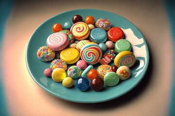  a plate of candy on a table with a shadow on it and a shadow on the plate behind it that is a blue plate with a variety of candy on it and a light brown background.