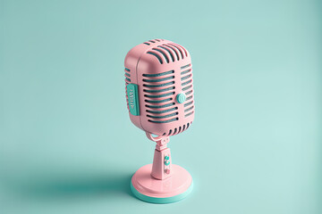 Fototapeta na wymiar Retro microphone in adorable pink, isolated on a light blue backdrop. minimal fashion. Generative AI