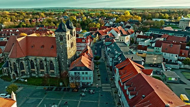 Aerial View Of Church of St. Nicolai located in the centre of town . Oschersleben(Bode) is a town in the Börde district, in Saxony-Anhalt, Germany.