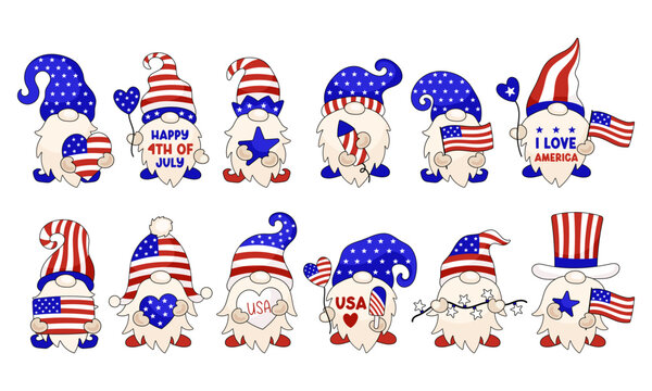 Independents Day vector clipart.  4th of  July vector illustration set. Patriotic gnomes cartoon characters 