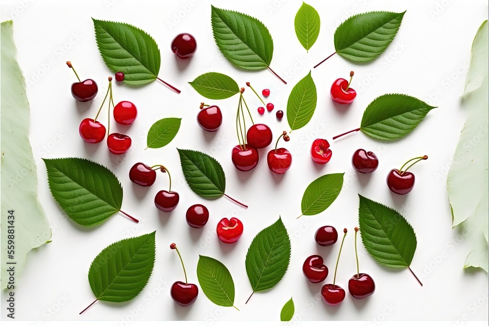 Sticker  a group of cherries with leaves on a white background with a green border around them and a white background with a white border around them and a white border with a green border with.