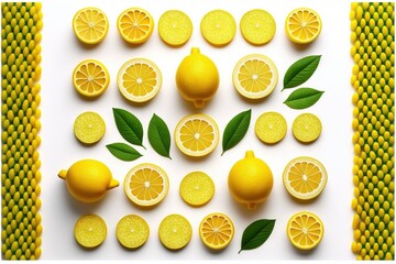  a group of lemons with leaves and slices cut in half on a white surface with a yellow border around them and a green leaf on top of the whole lemons, and the.