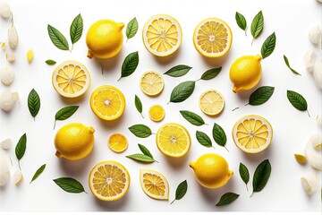  a group of lemons with leaves and leaves on them on a white surface with a white background with a white border and a white border with a green leaf and white border around the edges.
