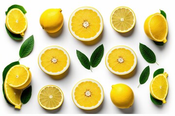  a group of lemons with leaves on a white background with a white background and a white background with a white background and a white background with a few lemons and leaves and one.