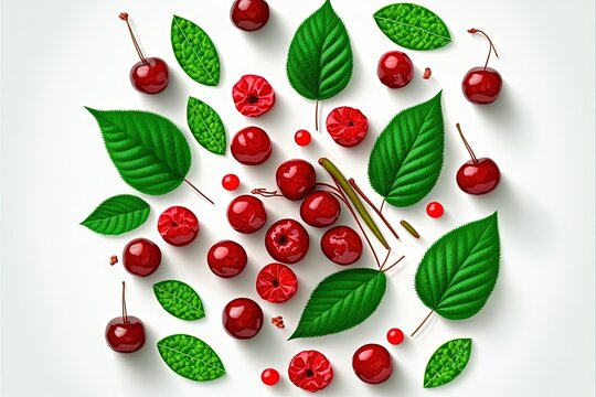  a group of cherries with leaves and berries on them on a white background with a green leaf and red berries on the top of the cherries, and the bottom of the cherries.