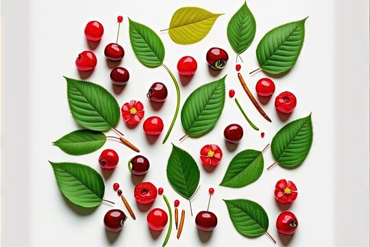  a picture of a bunch of cherries on a white background with leaves and flowers on it, with a green leaf and a red berry on the top of the left side of the picture.