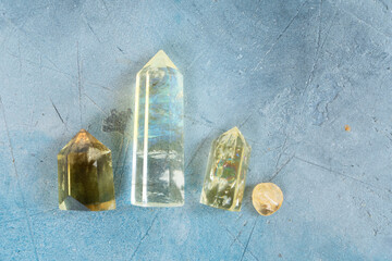 Gemstones minerals stones, moon and and quartz obelisks Witchcraft, herbal medicine and healing,...