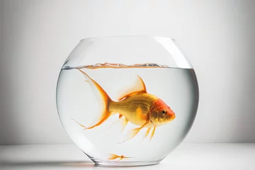 Fotobehang A goldfish swimming freely in a fishbowl on a white backdrop. taken using a 5D Mark III in a studio. Generative AI © 2rogan
