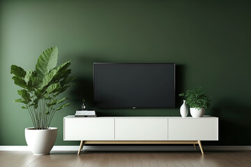 backdrop of a TV room with a green wall, TV cabinet in a contemporary living room setting. Generative AI