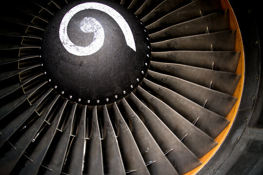 A close up photo of a jet engine inlet of a Boeing 767 aircraft in Kentucky, USA