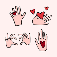 Hand with love heart doodle vector illustrations set for Valentine's Day
