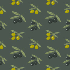Olive decorative pattern. Branch of olive with green leaves. Delicious fruit for seasoning and dishes. Design texture for fabric, textile, postcard. Natural vegetable oil. Vector flat illustration